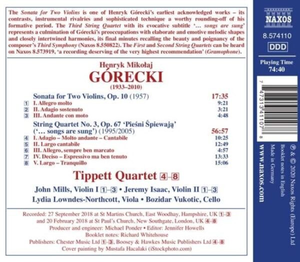 Gorecki: String Quartet No. 3 '.Songs Are Sung', Sonata For Two Violins - Tippett Quartet