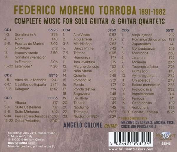 Moreno-Torroba: Complete Music For Solo Guitar & Guitar Quartets - Angelo Colone