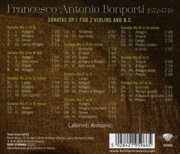 Bonporti: Sonatas Op. 1 For 2 Violins And B.C. - Labirinti Armonici