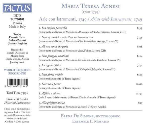 Maria Teresa Agnesi: Arie Con Istromenti, 1749 - Elena de Simone