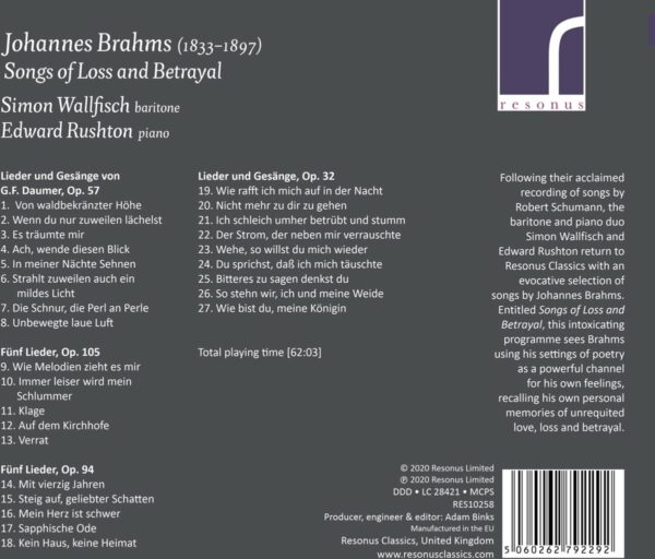 Brahms: Songs of Loss and Betrayal - Simon Wallfisch