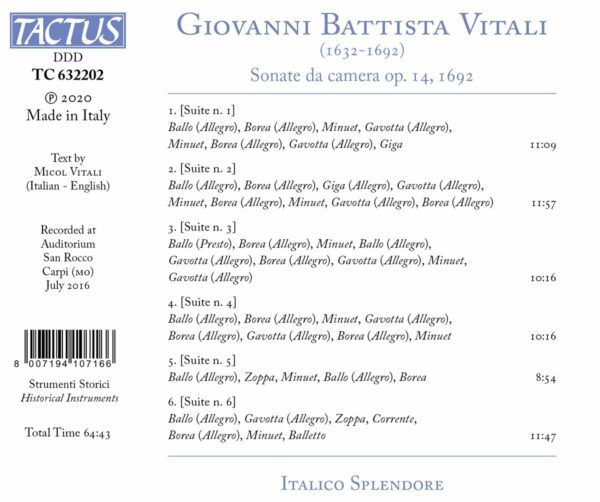 Giovanni Battista Vitali: Sonate Da Camera Op. 14, 1692 - Italico Splendore