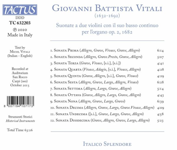 Giovanni Battista Vitali: Sonatas For Two Violins And Continuo Op. 2, 1682 - Italico Splendore