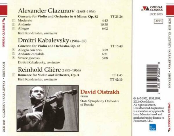 Glazounov, Kabalevski : Concertos pour violon. Oistrakh, Kondrachine, Kabalevski.