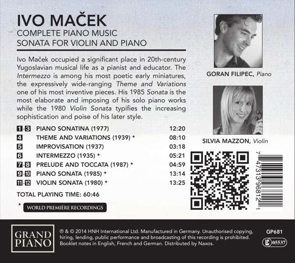 Ivo Ma?Ek: Complete Piano Music; Sonata For Vi - Filipec