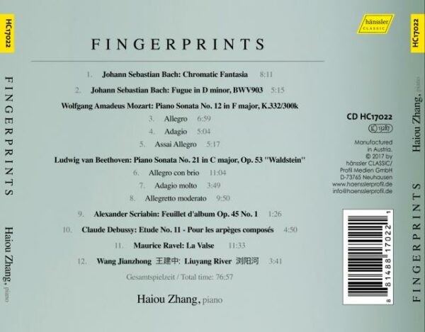Fingerprints : Œuvres pour piano. Zhang.
