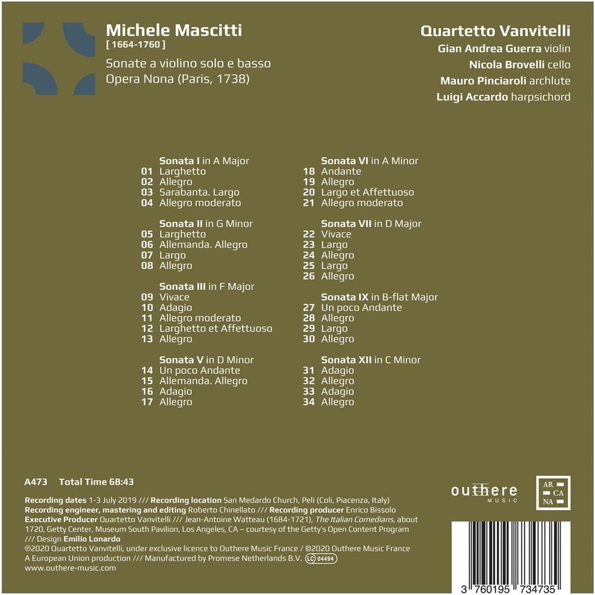Michele Mascitti: Sonate A Violino Solo E Basso, Opera Nona - Quartetto ...
