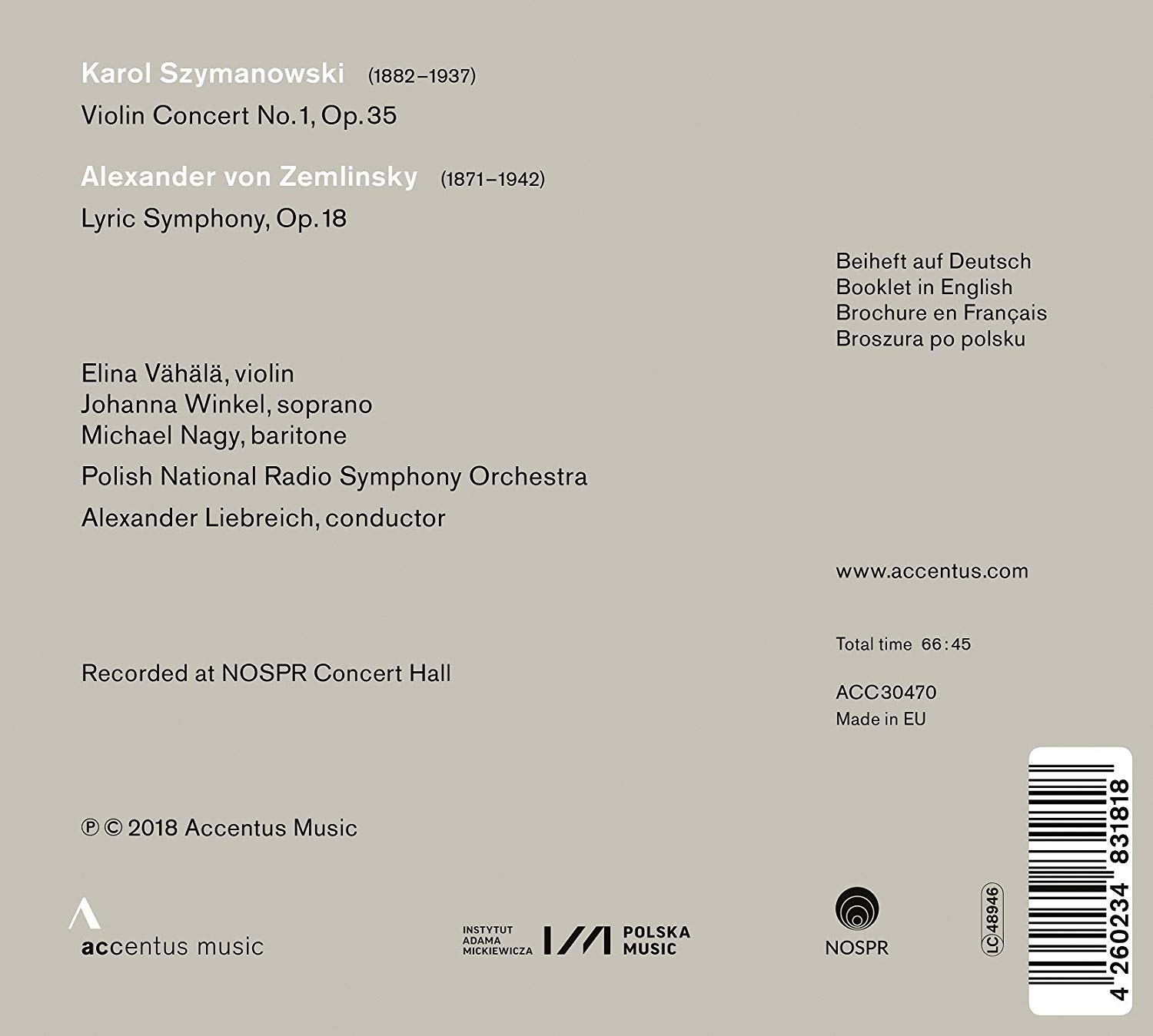 Szymanowski: Violin Concerto No. 1 / Zemlinsky: Lyric Symphony - Elina ...