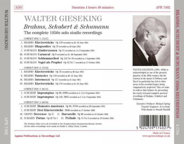 Walter Gieseking joue Brahms, Schubert et Schumann : Intégrale des enregistrements studio des années 50.