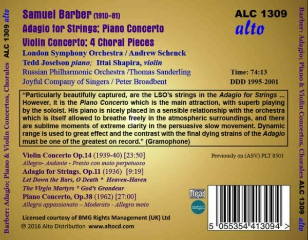 Barber : Adagio - Concertos - Pièces chorales. Joselson, Shapiro, Schenk.