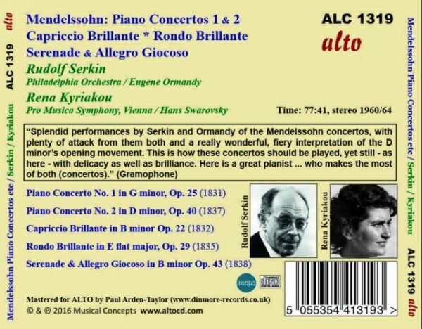Mendelssohn : Concertos pour piano n° 1 et 2. Serkin, Kyriakou, Ormandy, Swarowsky.