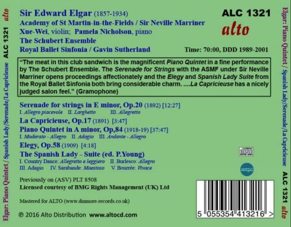 Elgar : Musique de chambre et oeuvres orchestrales. Wei, Nicholson, Marriner, Sutherland.