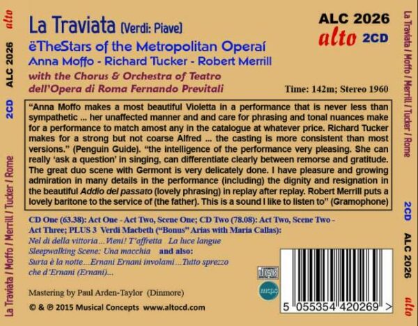Verdi : La Traviata. Moffo, Tucker, Merrill, Reynolds, Poli, Previtali.