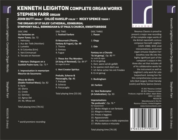 Kenneth Leighton: Intégrale de l'œuvre pour orgue. Farr, Butt, Spence, Hanslip.