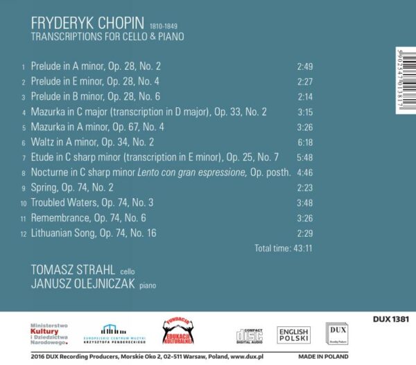 Chopin : Transcriptions pour violoncelle et piano. Strahl, Olejniczak.
