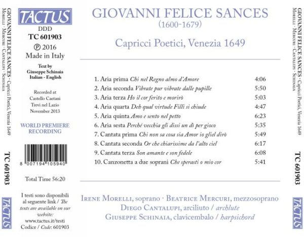 Giovannic Felice Sances: Capricci Poetici,  Venezia 1649 - Irene Morelli