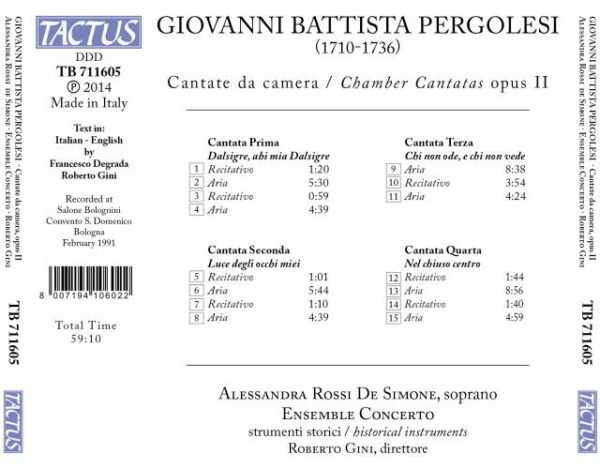 Giovanni Battista Pergolesi: Cantate Da Camera, Opus II - Ensemble Concerto / Gini