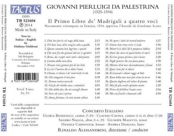 Giovanni Pierluigi Da Palestrina: Il Primo Libro De' Madrigali Veneti - Concerto Italiano / Alessandrini