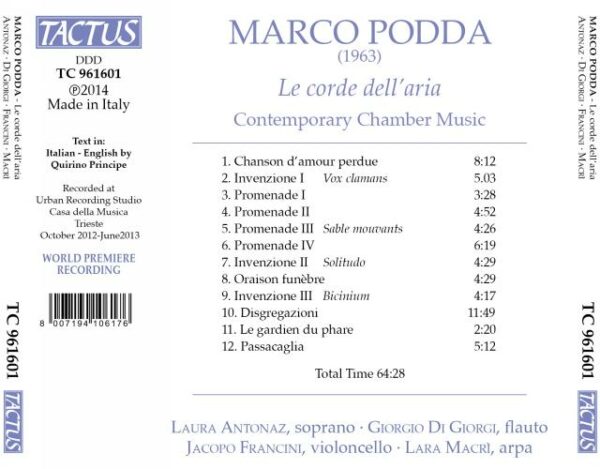 Marco Podda : Le Corde Dell'Aria, musique de chambre contemporaine. Antonaz, Di Giorgi, Francini, Macri.