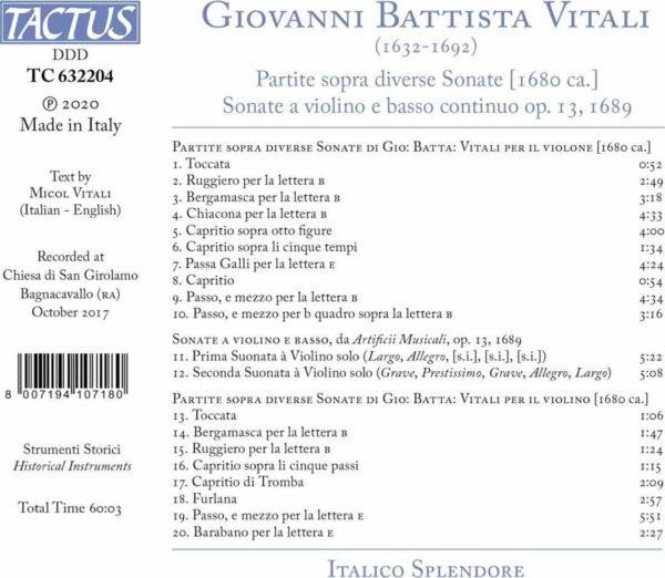 Giovanni Battista Vitali: Partite, Sonate Op.13 - Ensemble Italico Splendore