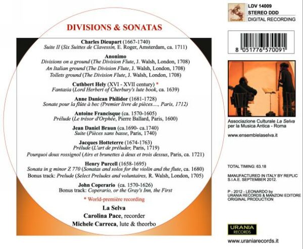 Divisions & Sonatas. Musique anglaise et française pour flûte à bec et luth. Pace, Carreca