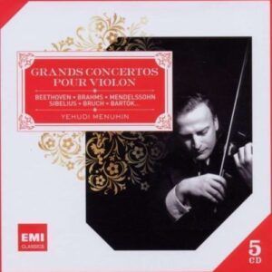 Menuhin : Grands conc. pour violon : Beethoven (+Romances), Mendelssohn, Paganini (1), Bruch (1), Brahms, Sibelius, Saint-Saëns (3), Lalo, Berg, Bartok (2)