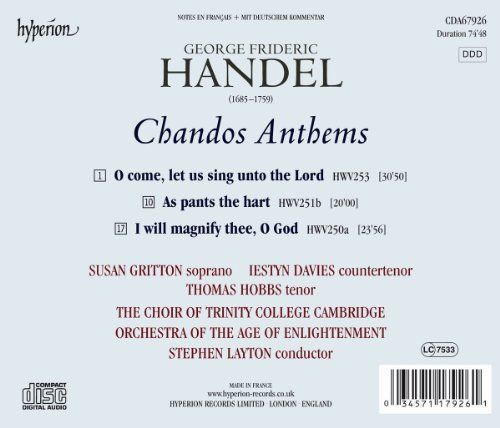 Haendel : Chandos Anthems n° 5, 6 et 8. Gritton, Davies, Layton.
