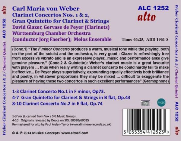 Von Weber : Concertos pour clarinette 1 et 2 - Quintette. De Peyer, Faerber.