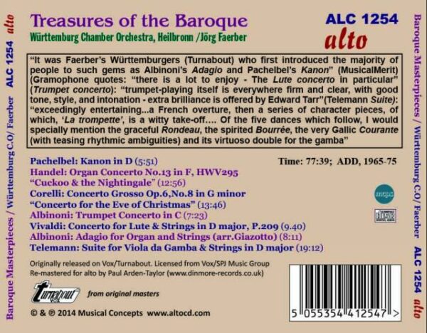 Trésors du baroque. Albinoni, Pachelbel, Haendel, Corelli, Vivaldi, Telemann. Faerber.