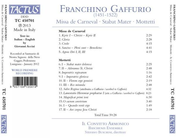 Gaffurio : Missa de Carneval, Stabat Mater, Motets. Il Convitto Armonico.
