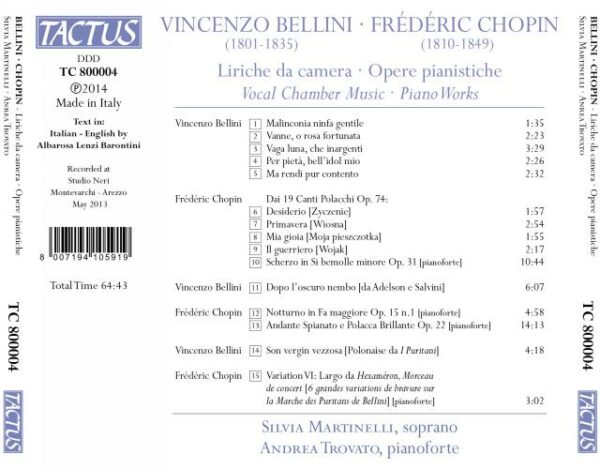 Vincenzo Bellini - Frédéric Chopin : Musique vocale de chambre - Oeuvres pour piano