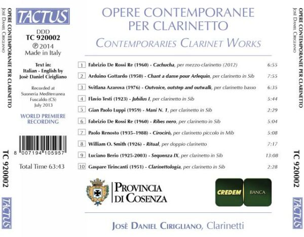 Josè Daniel Cirigliano, clarinette : Opere Contemporanee per Clarinetto
