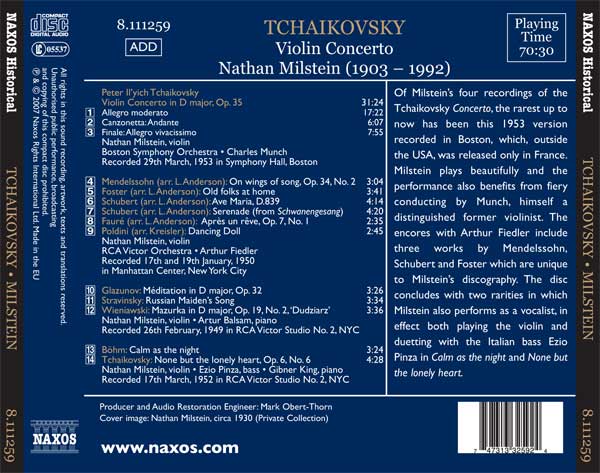 Milstein N. / Tchaikovski : Concertos pour violon.