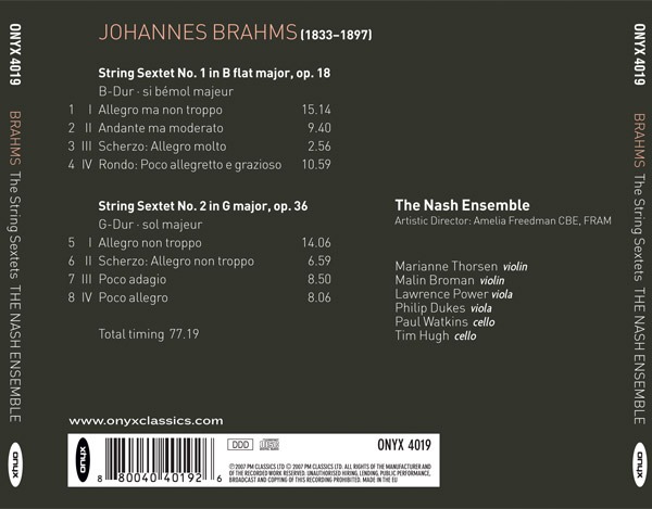 Brahms : Sextuors op. 18 et 36. Nash Ensemble