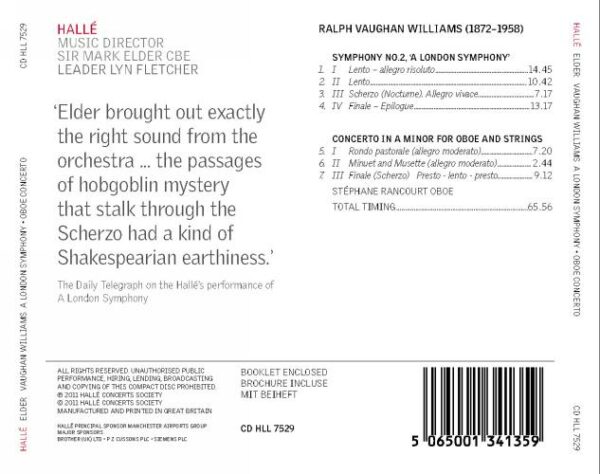 Vaughan Williams : Symphonie n° 2 - Concerto pour hautbois. Rancourt, Elder.
