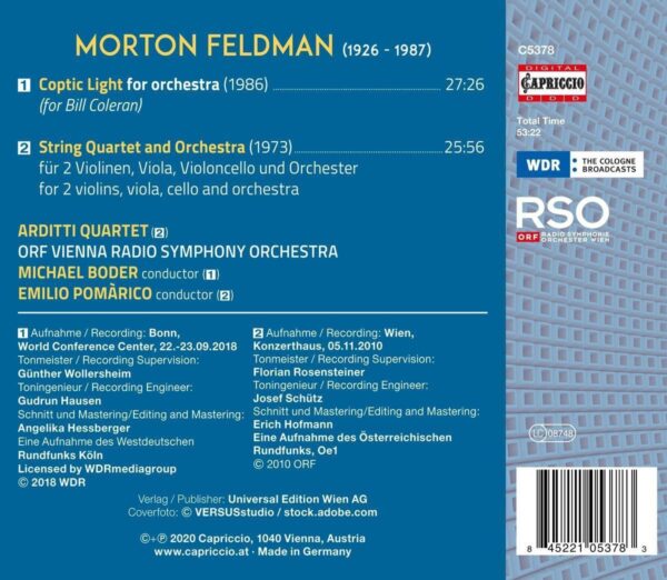 Morton Feldman: Coptic Light, String Quartet And Orchestra - Arditti Quartet