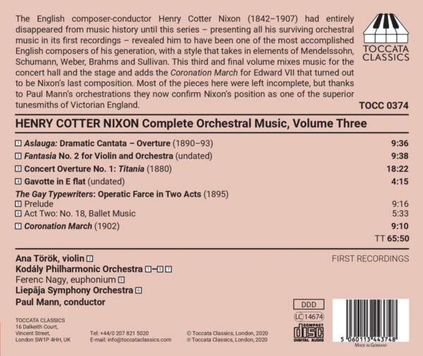 Henry Cotter Nixon: Complete Orchestral Music, Vol. 3 - Paul Mann
