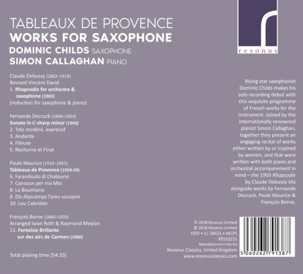 Tableaux De Provence, Works For Saxophone - Dominic Childs
