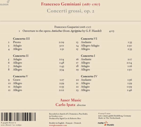 Francesco Geminiani: Concerti Grossi Op. 2 - Auser Musici