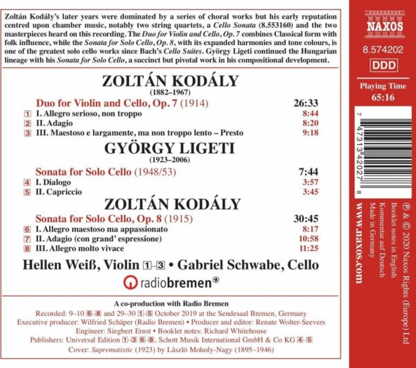 Ligeti / Kodaly: Sonata For Solo Cello, Duo For Violin & Cello - Hellen Weiss