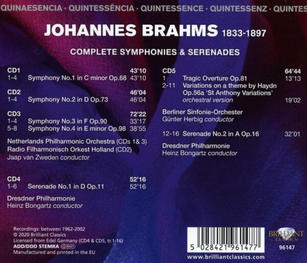 Quintessence Brahms: Complete Symphonies & Serenades - Jaap van Zweden