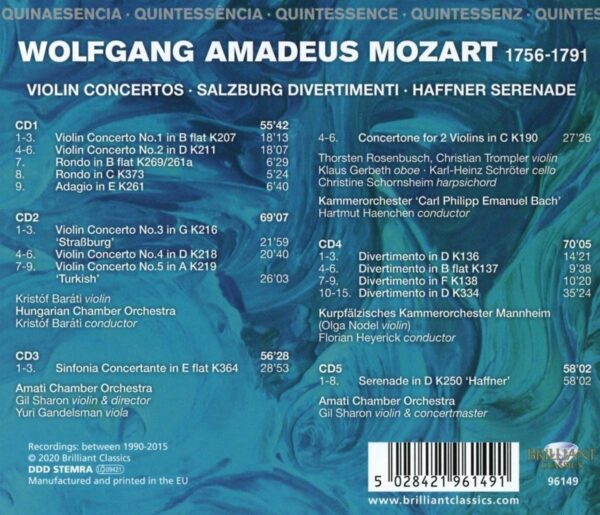 Quintessence Mozart: Violin Concertos, Salzburg Divertimenti, Haffner Serenade - Kristof Barati