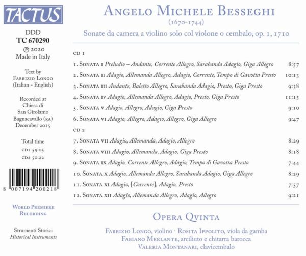Angelo Michele Besseghi: Sonate Da Camera Op.1 - Ensemble Opera Qvinta
