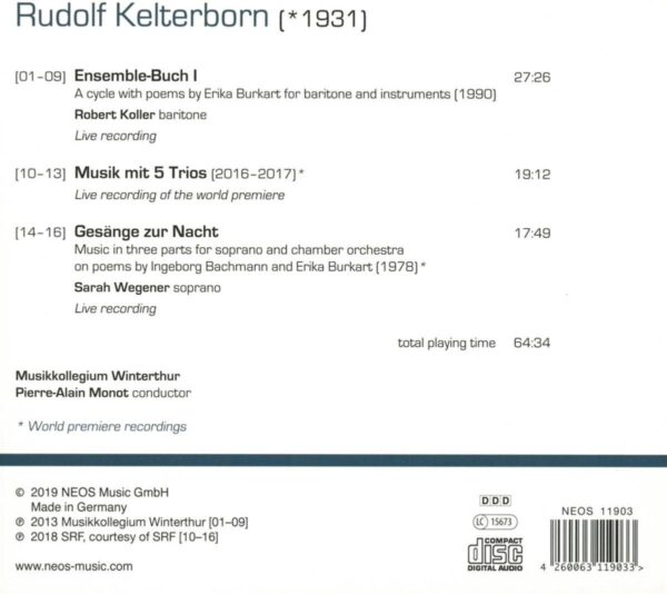 Rudolf Kelterborn: Ensemble-Buch 1, Musik Mit 5 Trios, Gesänge Zur Nacht - Robert Koller