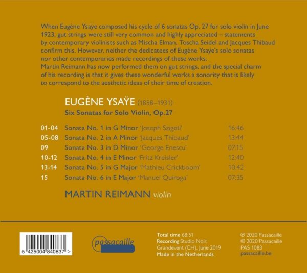 Eugene Ysaye: Six Sonatas For Solo Violin Op. 27 - Martin Reimann