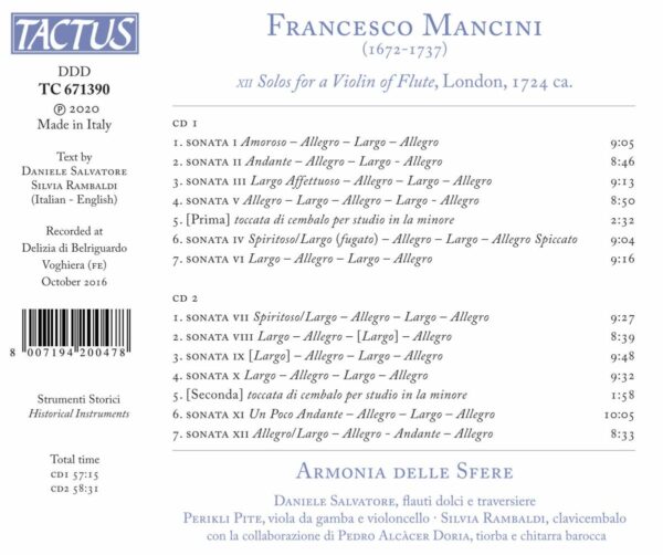 Francesco Mancini: XII Solos For A Violin Of Flute, London, 1724 - Armonia Della Sfere