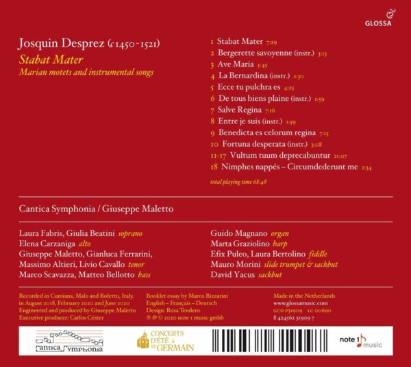 Josquin Desprez: Stabat Mater, Marian Motets And Instrumental Songs - Cantica Symphonia