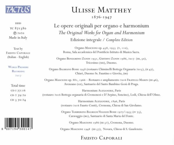 Ulisse Matthey: Le Opere Originali Per Organo E Harmonium - Fausto Caporali