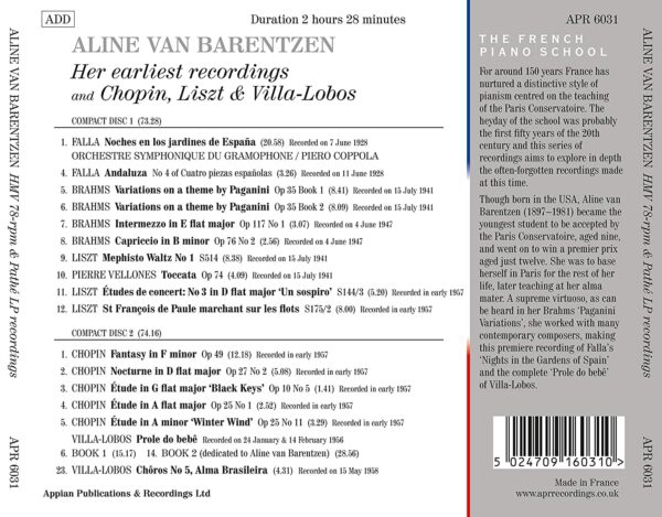 Her earliest recordings and Chopin, Liszt & Villa-Lobos - Aline Van Barentzen