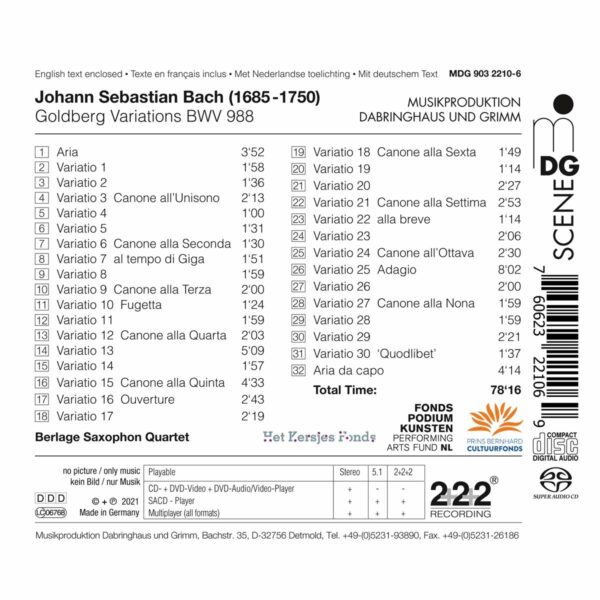 Bach: Goldberg Variations BWV 988 (Arr. Peter Vigh) - Berlage Saxophone Quartet